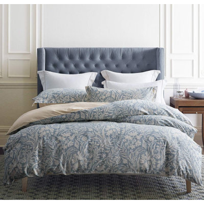 SLEEPBELLA Duvet Cover Queen Size, 600 Thread Count Cotton Beige & Bluish Grey Printed With Luxurious Leaves Pattern Reversible Botanical Comforter Cover Sets, Bedding Set 3Pcs