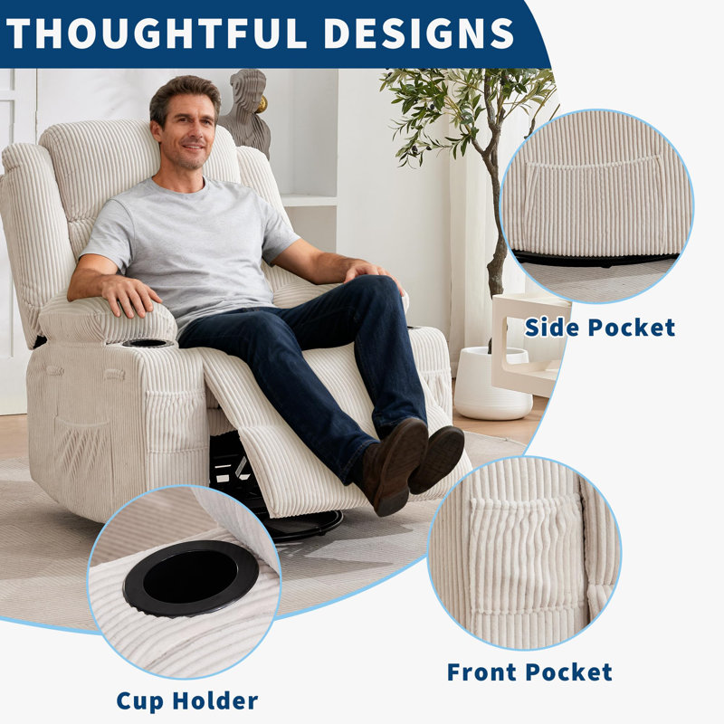 Fauteuil inclinable pivotant surdimensionné avec rotation à 360 °, inclinaison manuelle, porte-gobelets et rangement latéral, revêtement en velours côtelé