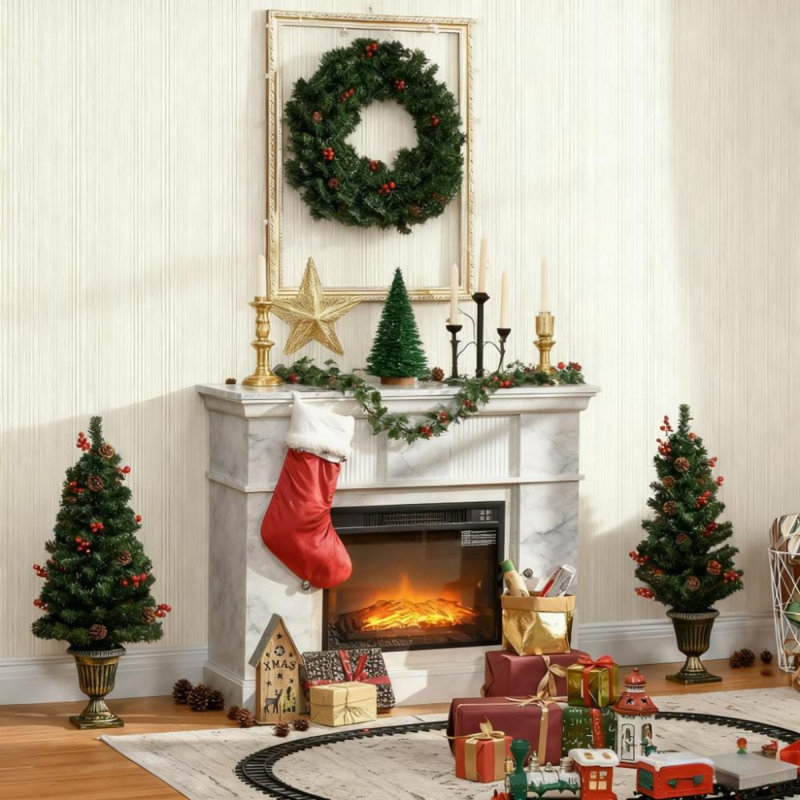 Ensemble de Noël, couronne de guirlande et ensemble de 2 arbres d'entrée, pour un décor de Noël festif
