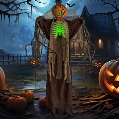 5.75ft Halloween Animatronics Decoration Talking Ghost Pumpkin With Glowing Ribs And Moving Head Sound & Touch Activated Standing Prop