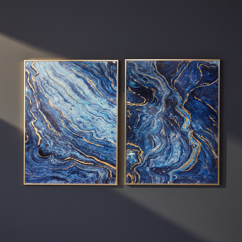 Art mural en toile bleue et dorée, ensemble de décoration murale en marbre bleu moderne