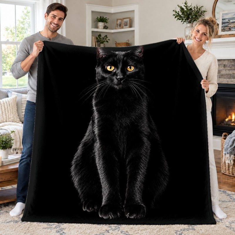 1pc Black Cat Throw Blanket, Realistic Fluffy Cat Print Flannel Blanket, Super Soft Cozy Warm Lightweight Blanket for Sofa Couch Bed Living Room Dorm Office Travel, Home Decor All-Season Blanket,