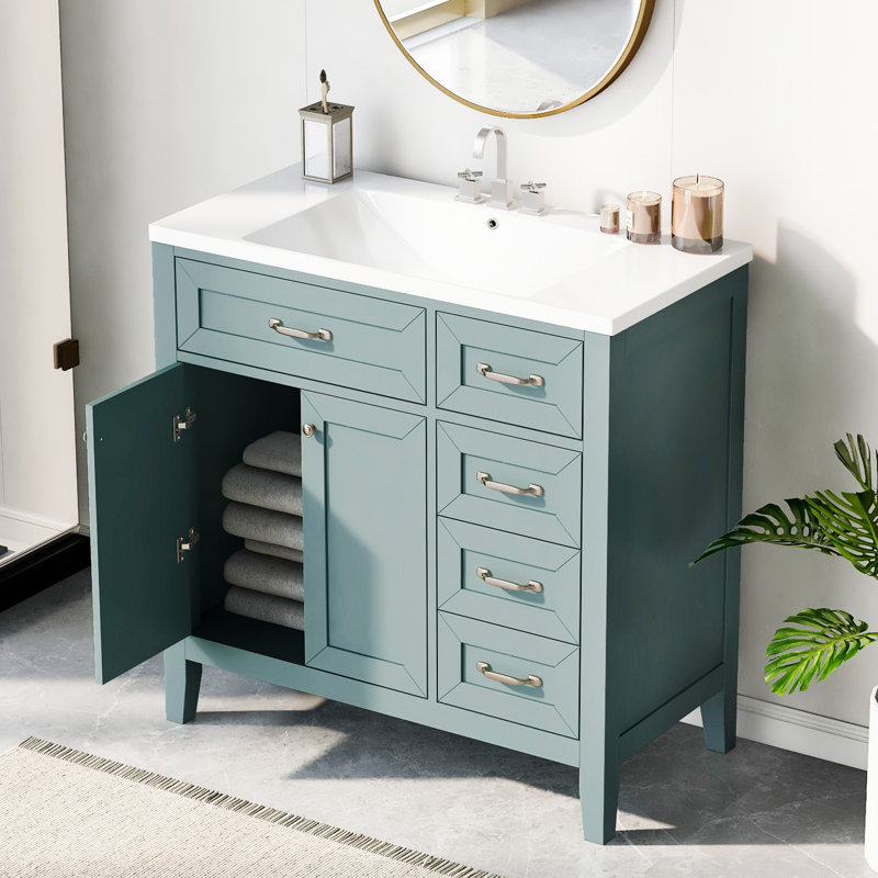Armoire de salle de bain 36 po avec lavabo 36 po avec tiroirs, structure solide et panneau de fibres à densité moyenne, Vert