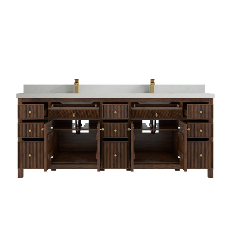 Sonoma X P 22 po Meuble-lavabo double en noyer foncé D, Quartz de Carrare