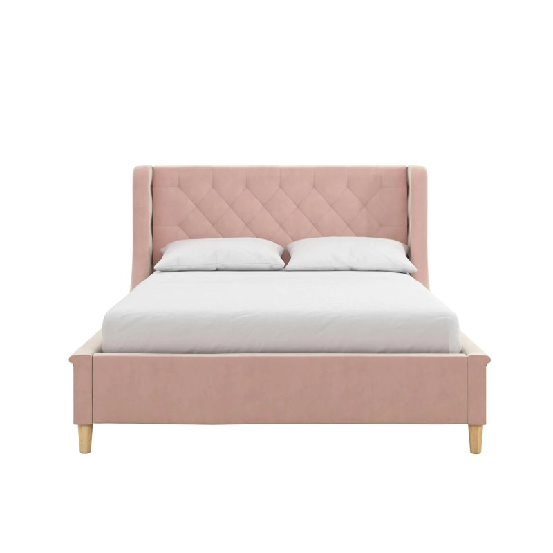 Velvet Upholstered Platform Bed, Pink, Full