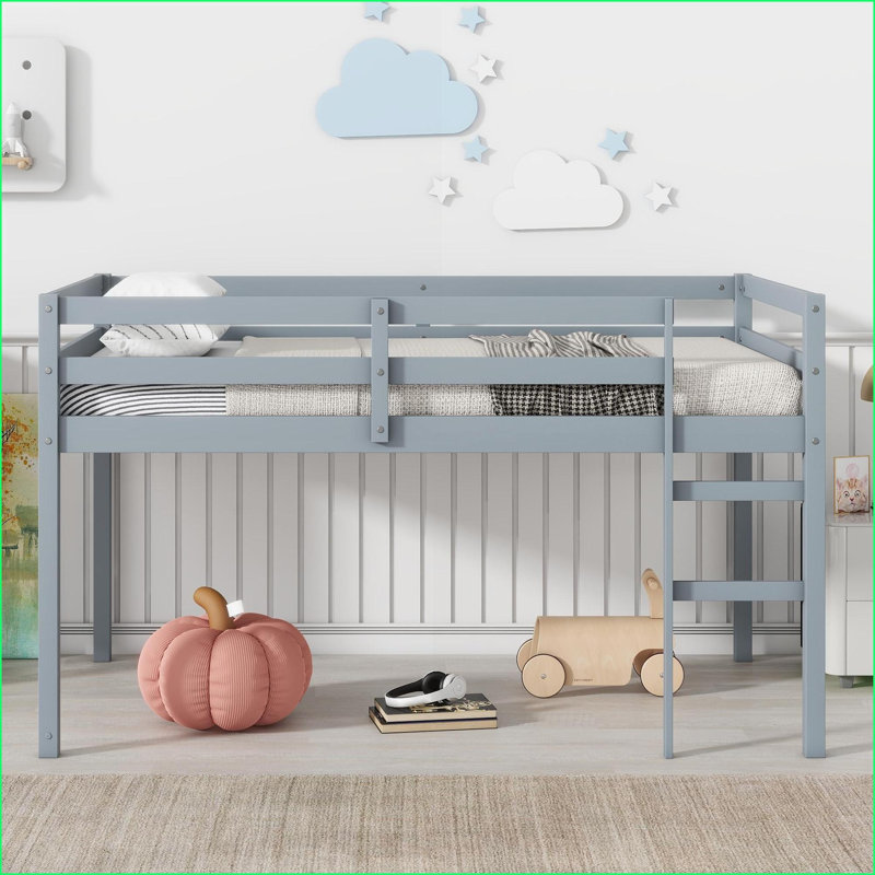Twin Size Sturdy Rubber Wood Loft Bed with Ladder - No Box Spring, Reinforced Slats, Gray Bedroom Storage, Twin