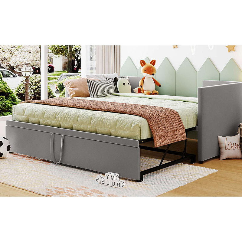 Modern Reylin Daybed Upholstered Daybed With Pop Up Trundle, Gray