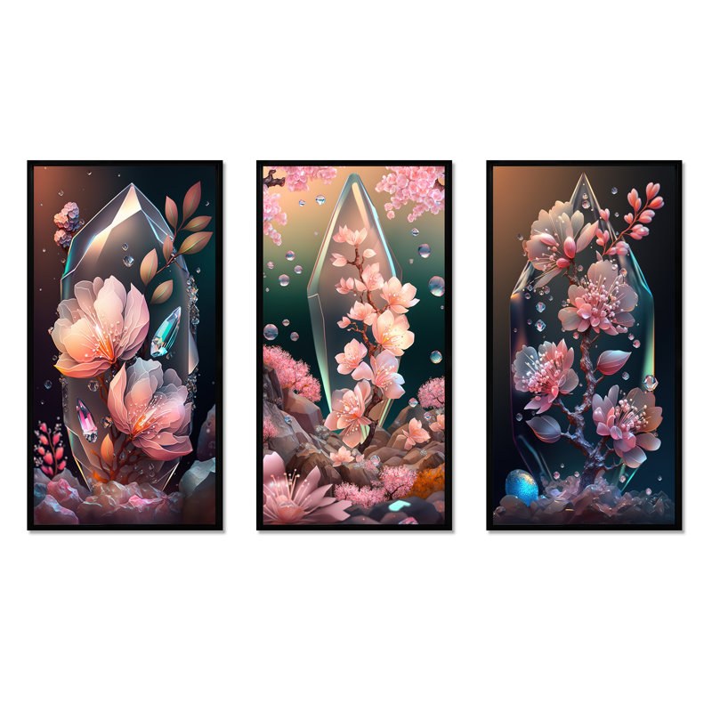 «Cherry Blossums», 3 pièces sur toile, Noir, H 40 po x l 60 po