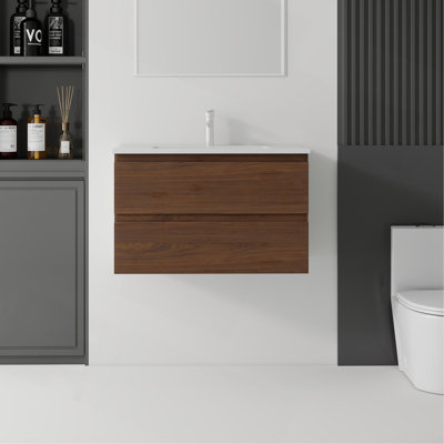 Meuble-lavabo flottant 30 po avec lavabo, tiroir à fermeture en douceur, lavabo en céramique, contreplaqué