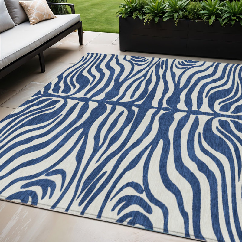 5' X 8' Navy Blue Animal Print Washable Indoor Outdoor Area Rug