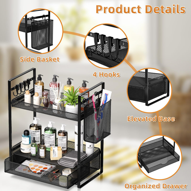 2-Tier Metal Mesh Bathroom Organizer with Drawer, Countertop Storage Shelf with Basket Hooks for Bathroom Sink Vanity and Kitchen Spice Organization