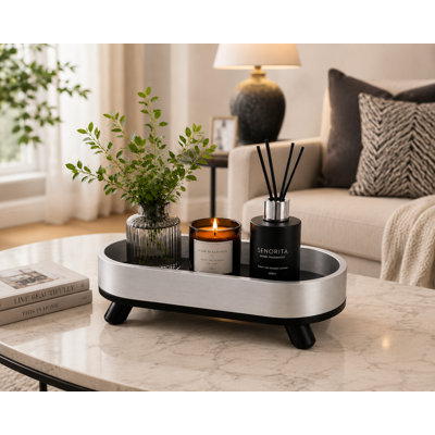 Oval Vanity Tray with Feet, Bathroom Counter Organizer for Perfume, Skincare, Jewellery and Candles, Modern Decorative Tray, Black & Silver