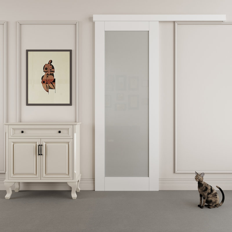80" Hidden Style Track White Primed 1-Lite Frosted Glass Sliding Barn Door With Hardware Kit（No Assembly Required）, 32" x 80"