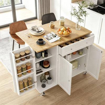 Kitchen Island with Drop Leaf,Towel Rack,Large Capacity Rolling Cart with Spice Rack and Storage