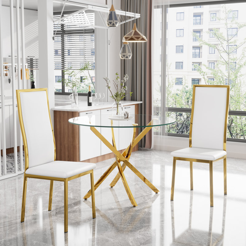 3-Piece Round Pedestal Dining Set, White, Gold