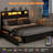 Oneita Bed Frame with 4 Storage Drawers and 2-tier Solid Wood Headboard Storage With Charging Station and LED Lights, Noise Free-1158615073-1173791688