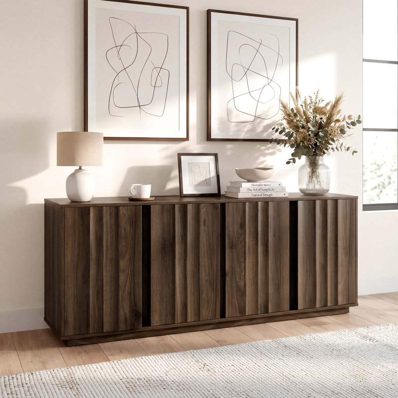 63''W Modern Fluted Sideboard with Adjustable Shelves, Walnut