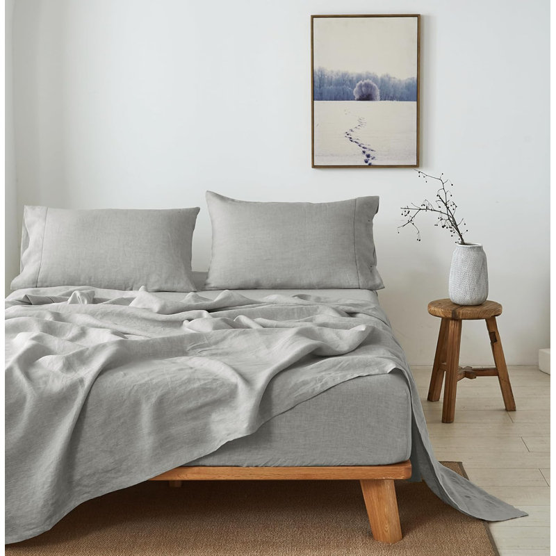 100% French Linen Sheet Set Handmade Hemstitch-4 Pcs Natural Flax Farmhouse Bed Sheets(1 Flat Sheet 1 Fitted Sheet 2 Pillowcases)