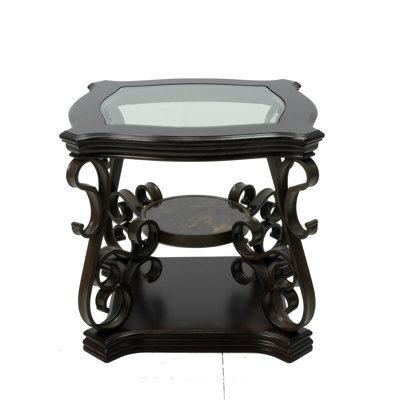 (26.3"Lx26.3"Wx24"H)End Table,  Glass Table Top, MDF W/Marble Paper Middle Shelf, Powder Coat Finish Metal Legs