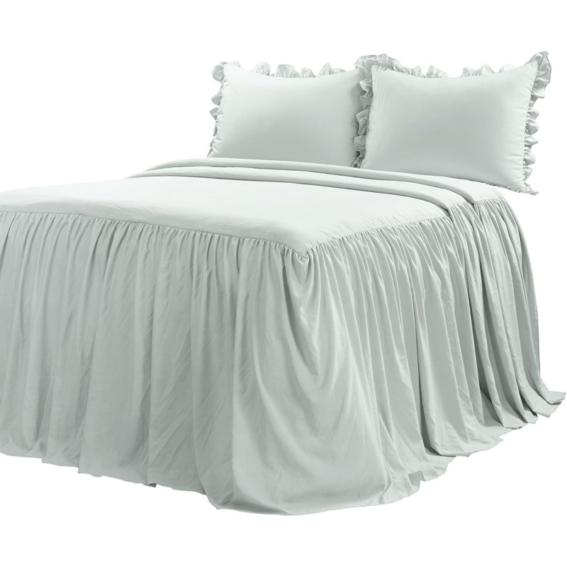 Sinclair French Country Chic Ruffle Skirt Bedspread Set, Queen Bedspread + 2 Standard Shams, White