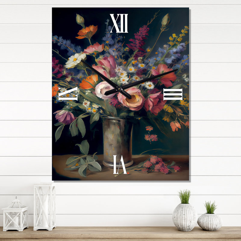 Horloge murale rétro nature morte avec fleurs sauvages I, Grand