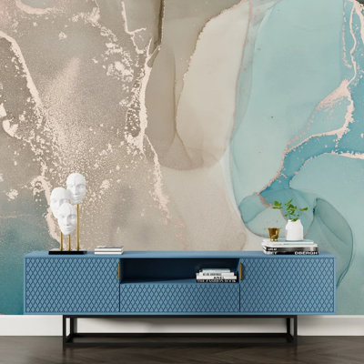 Soft Beige And Teal Abstract Marble Wall Mural With Metallic Accents Modern Luxury Fluid Art Wallpaper