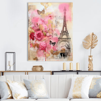 «Pink Blossoming Spring in Paris Vintage Collage I», reproduction sur toile
