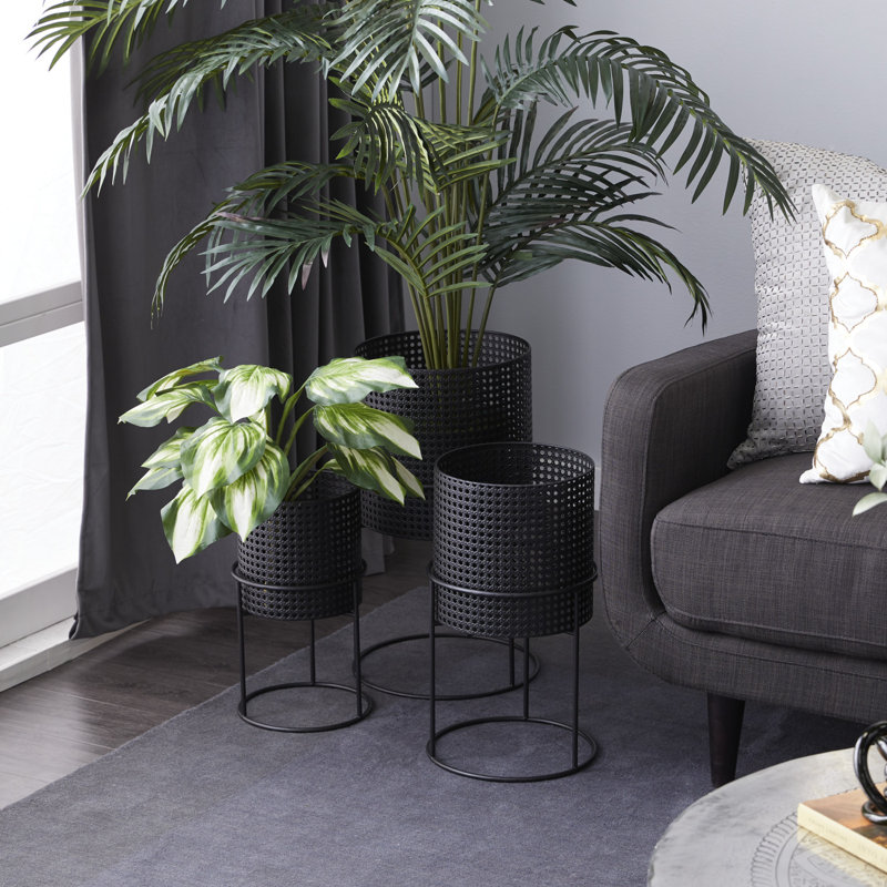 Set of 3 Black Metal Perforated Cylinder Floor Planters