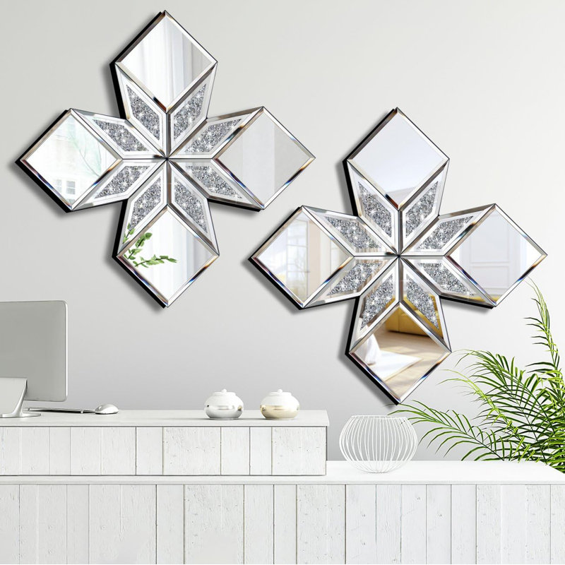 Crushed Diamond Decorative Mirror 2 Pack 16.75X16.75” Diamond Shape Glass Decor Wall Mirror For Home Decor, Accent Mirror