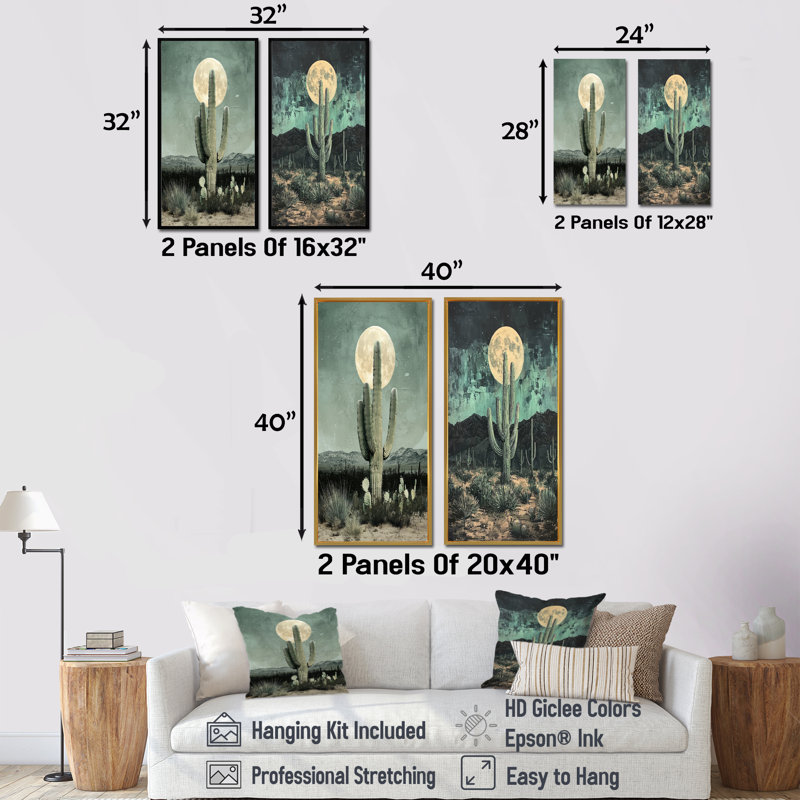 Cactus au clair de lune I - Collection d'art floral sur toile 2 panneaux, H 28 po x l 25 po, Toile tendue