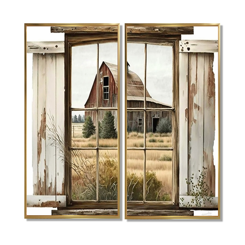 «Window View To Farm II», art mural fenêtres de ferme, H 40 po x l 40 po, Impression encadrée flottante, Doré