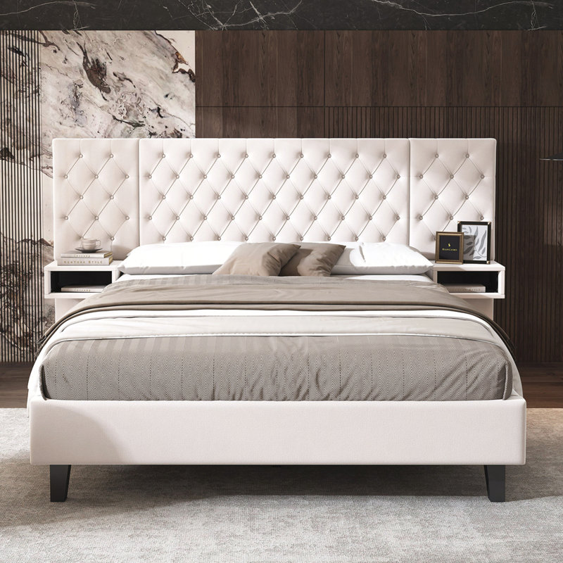 Grand lit plateforme avec tête de lit, lit plateforme tapissier en velours avec 2 tables de chevet Modern, Beige