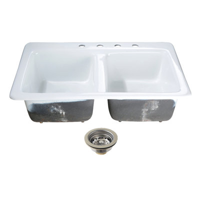Kingston Brass Petra Galley 15-Inch Cast Iron Self-Rimming Double Bowl Bar Sink With Drain And Stainer
