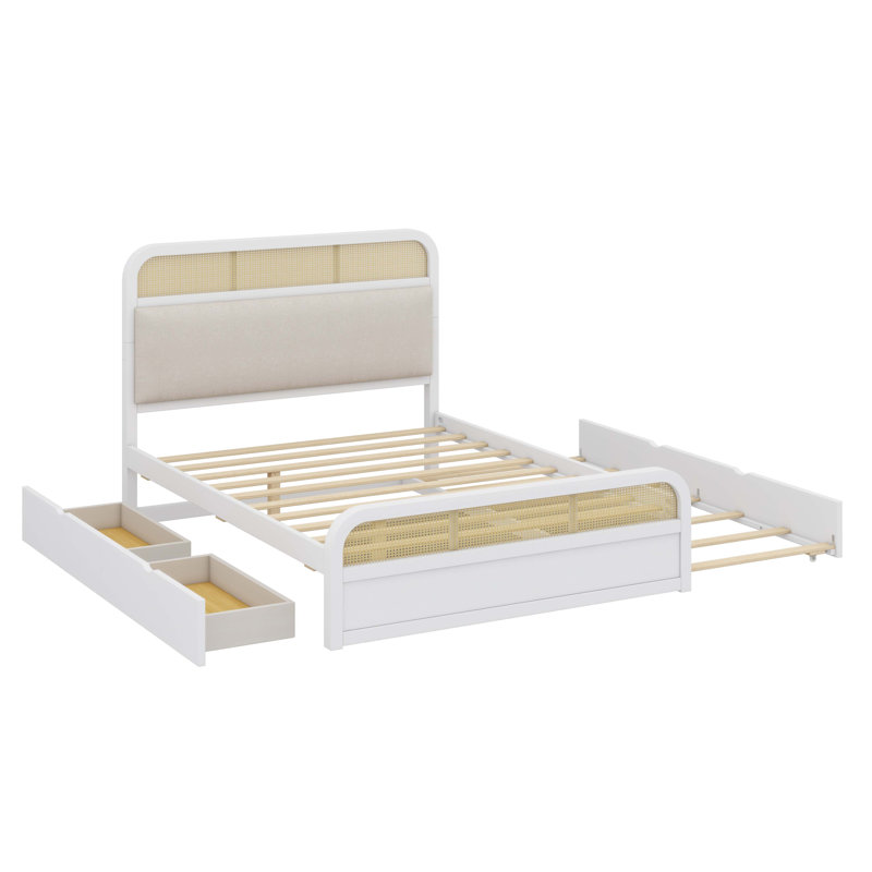 Grand lit plateforme en bois massif avec lit gigogne et tiroirs, Blanc