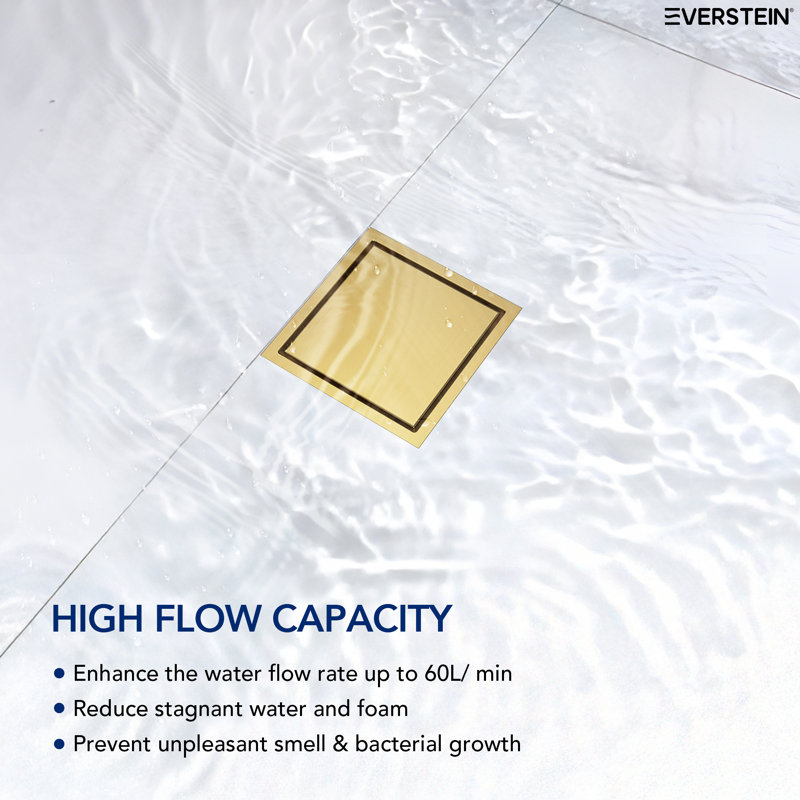 6-Inch Square Shower Drain, Brushed Gold