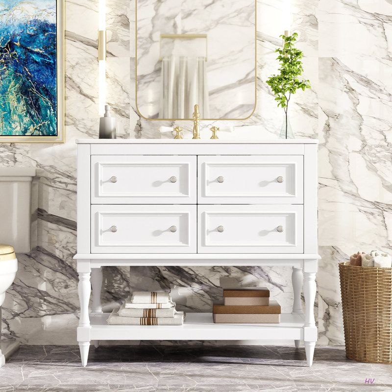 36" Bathroom Vanity Cabinet With Sink Combo Set, Undermount Ceramic Sink, Free Standing Vanity Set With 4 Drawers, Solid Wood Frame Bathroom Cabinet