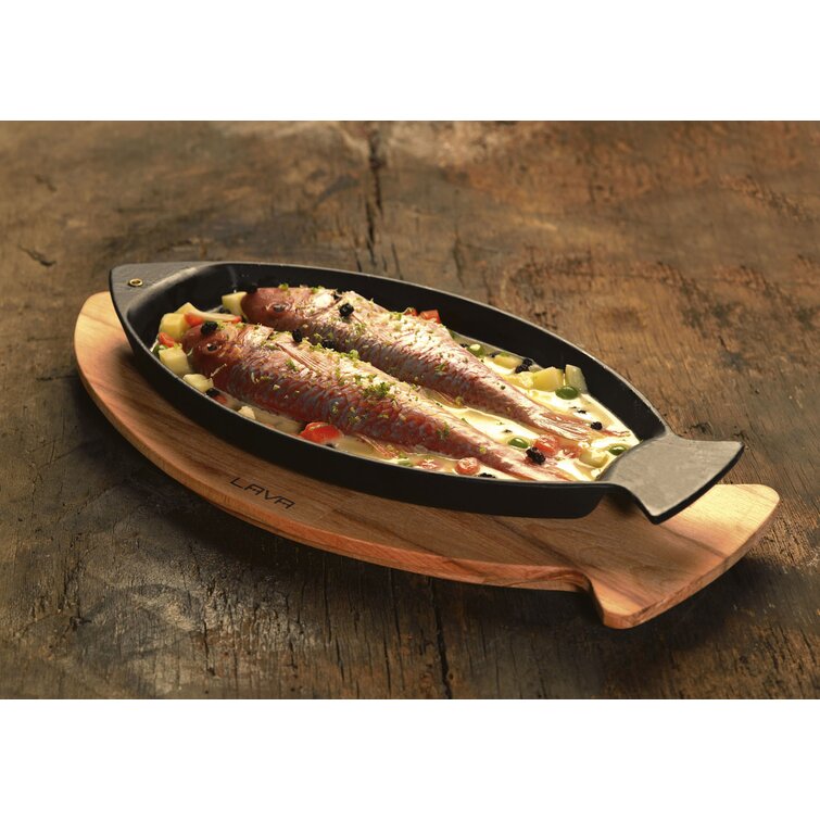 Lava Cast Iron Lava Enameled Cast Iron Skillet 9.5 inch-Fish Shaped Pan with Beechwood Service Platter LV Eco BT 1524 T8 K4