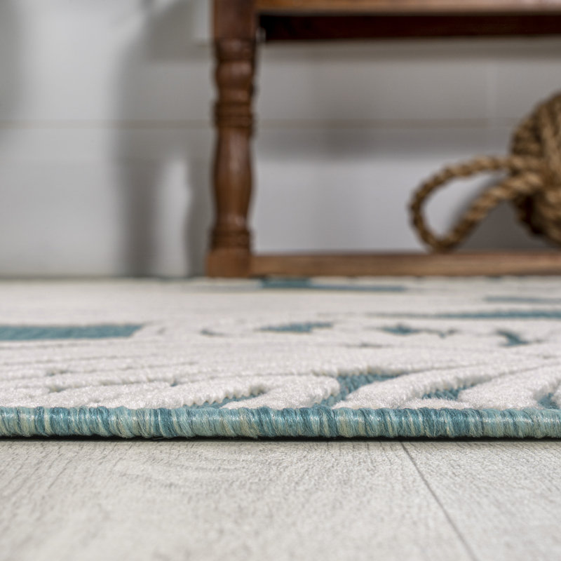 Hua High-Low Two-Tone Monstera Leaf Blue/Ivory Indoor/Outdoor Rug, Rectangle 3'1" x 5'
