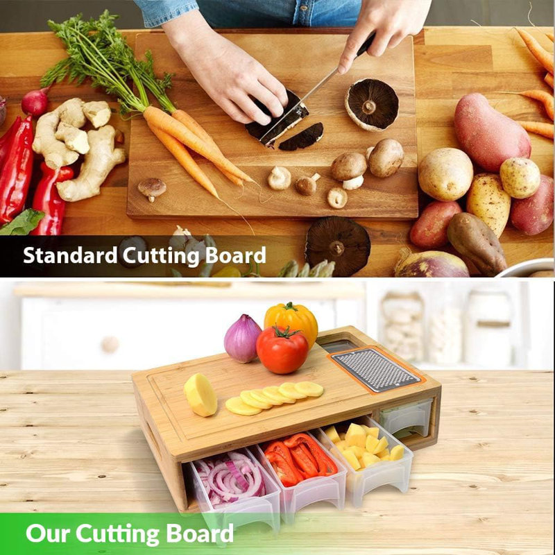 Versatile Bamboo Cutting Board With 4 Containers And Graters - Large Chopping Board With Juice Grooves, Easy-Grip Handles