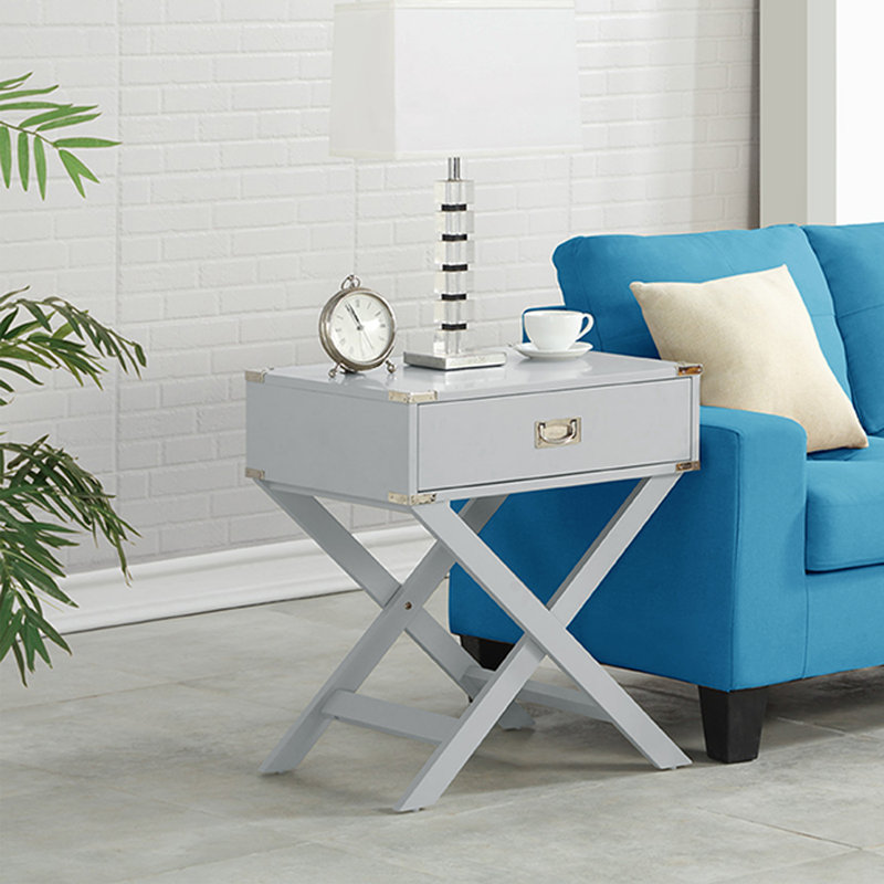 Asger Solid Wood Tray Top End Table Set with Storage and Built-In Outlets, Grey