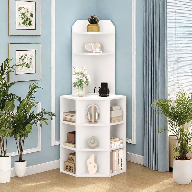 Darley 26.2" W Wood Corner Bookcase with Charging & Compartments, White