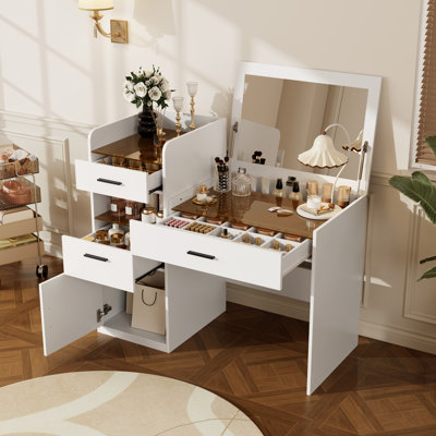 Bureau de coiffeuse 3 en 1 avec miroir rabattable, coiffeuse de maquillage compacte en verre et rangement caché, coiffeuse peu encombrante pour la chambre à coucher