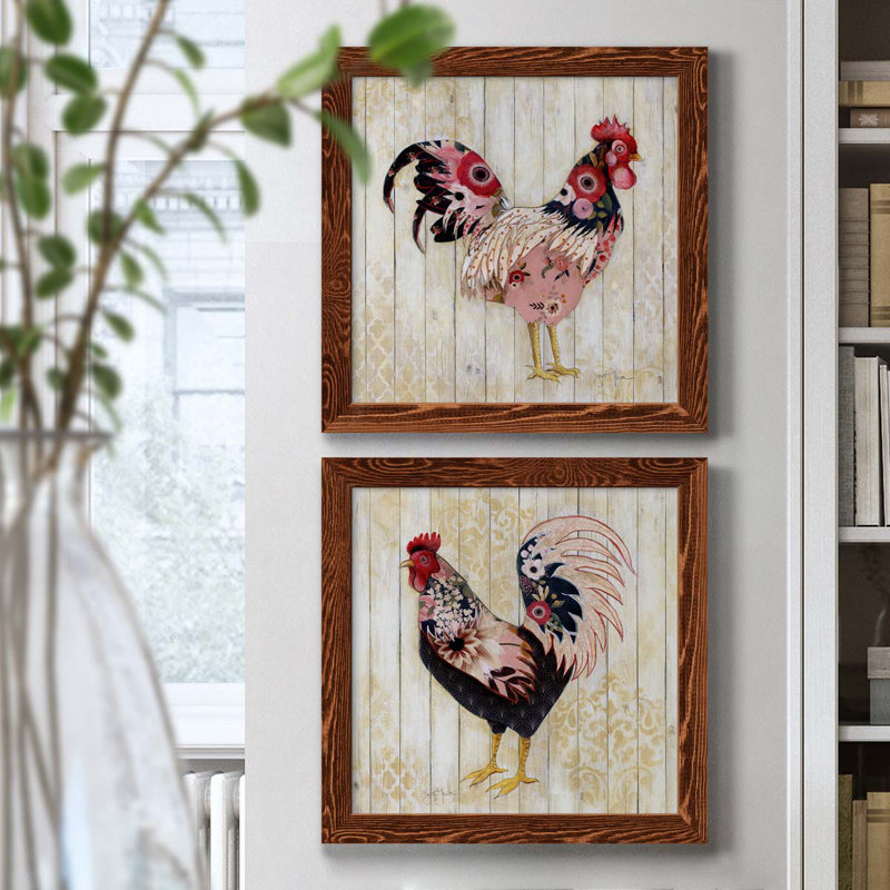 Pecking l'ordre I - ensemble de 2 peintures sur toile encadrées, H 17 po x l 34 po x P 1,5 po, Cadre en érable