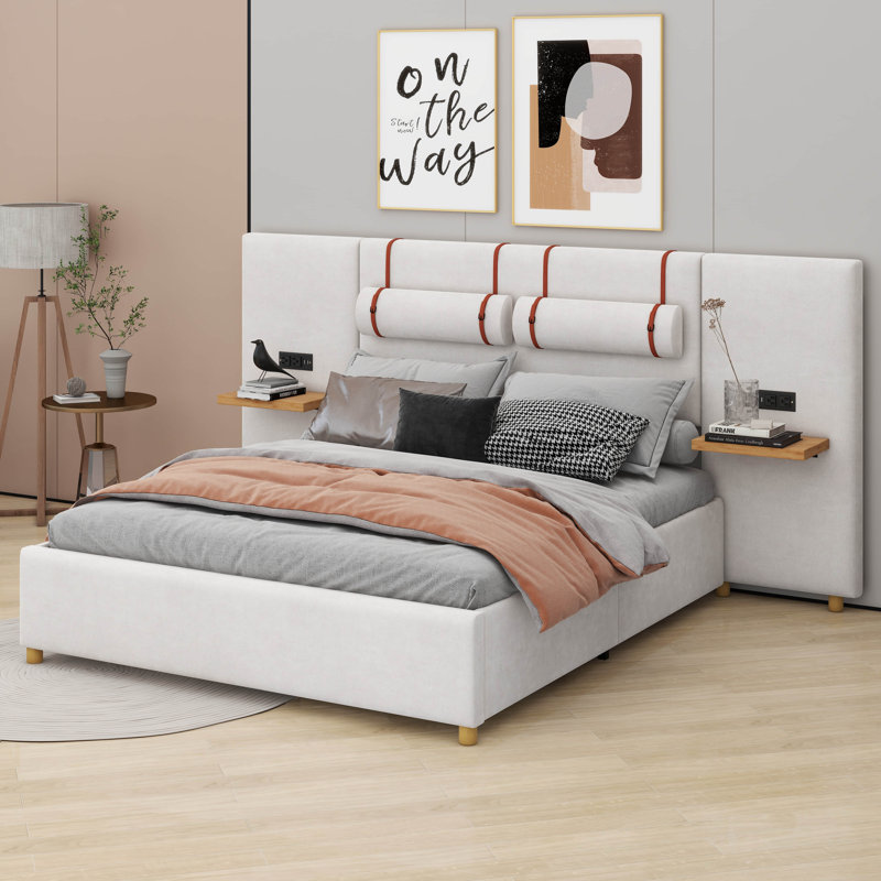 Upholstered Platform Bed With Two Outlets, Beige, Queen