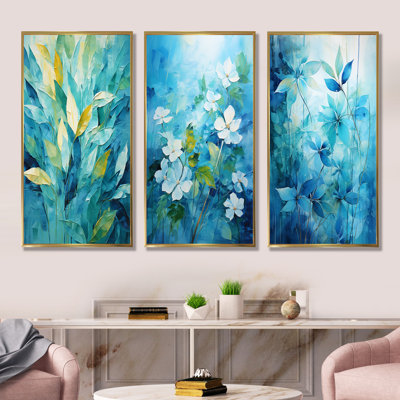 Blue And White Tropical Plants Mirage I - Jungle Canvas Wall Art Set Of 3