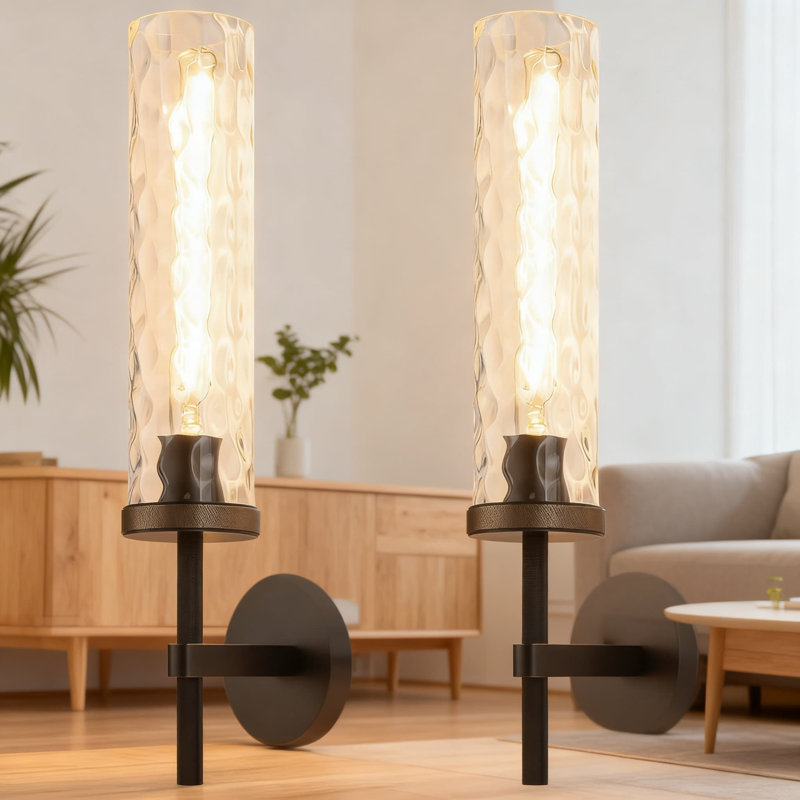 19.5" Wall Sconce Set Of 2, Black Gold Vanity Light With Water Ripples Glass Tube, Modern Up Down Lighting For Bathroom, Bedroom, Living Room, Hallway And Staircase