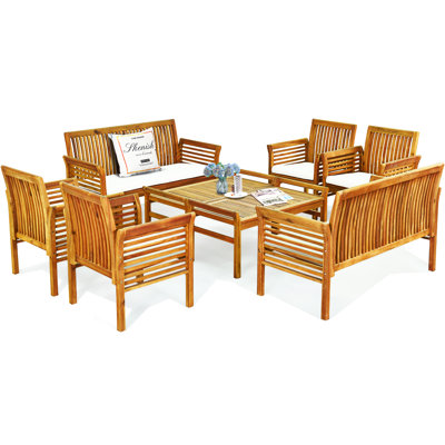 Ensemble de conversation d'extérieur en bois 8 pièces avec coussins Bovina