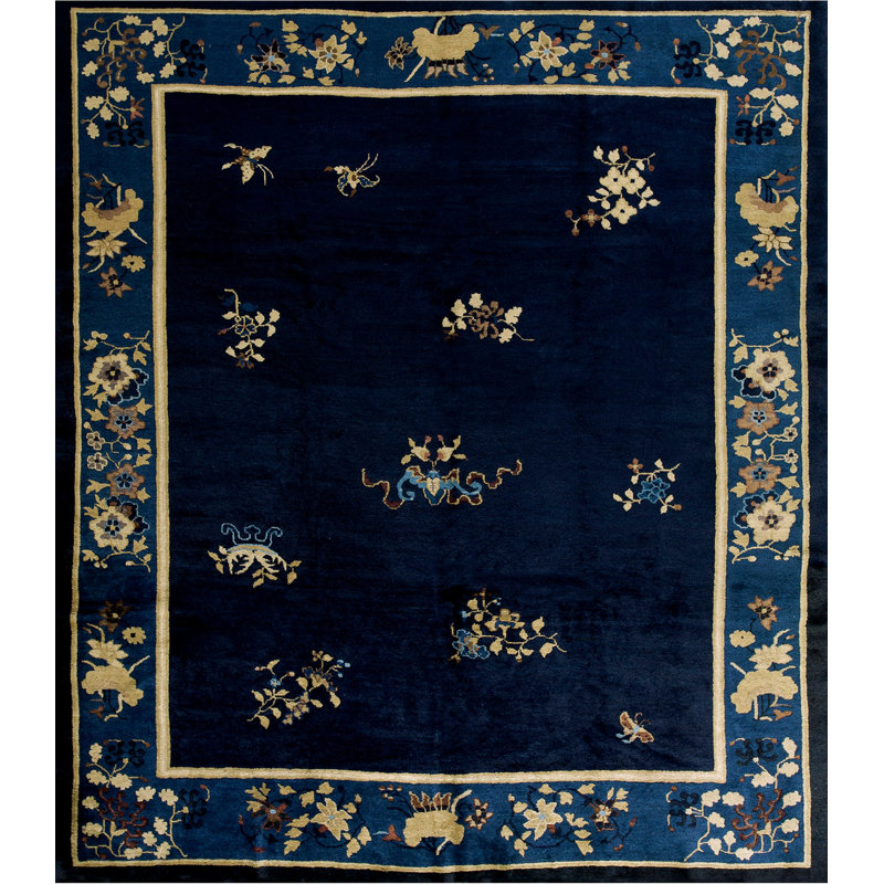 Antique Navy Blue Allover Floral Chinese Square Room Size Peking Rug