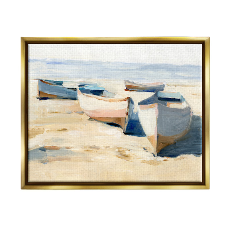 Bateaux sur la plage, peinture sur toile par Ethan Harper, H 17 po x l 21 po x P 1,7 po, Cadre flottant métallique doré