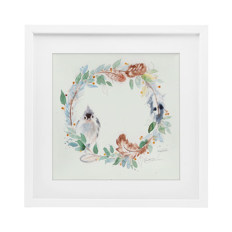 Wispy Bird & Botanical Wreath Framed Print Under Glass, design by Cady Driver, 13" H x 13" W, Coastal White Frame